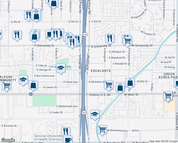 map of restaurants, bars, coffee shops, grocery stores, and more near 2224 East Victory Drive in Tempe