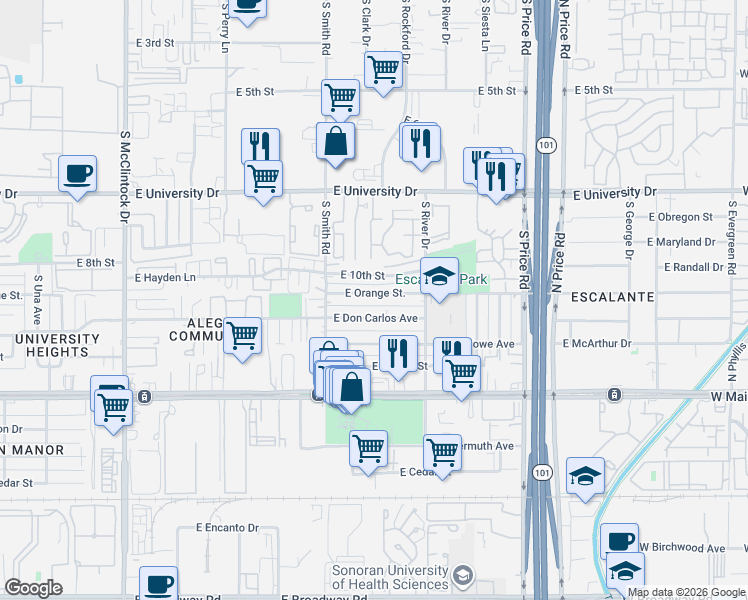 map of restaurants, bars, coffee shops, grocery stores, and more near 2044 East Orange Street in Tempe