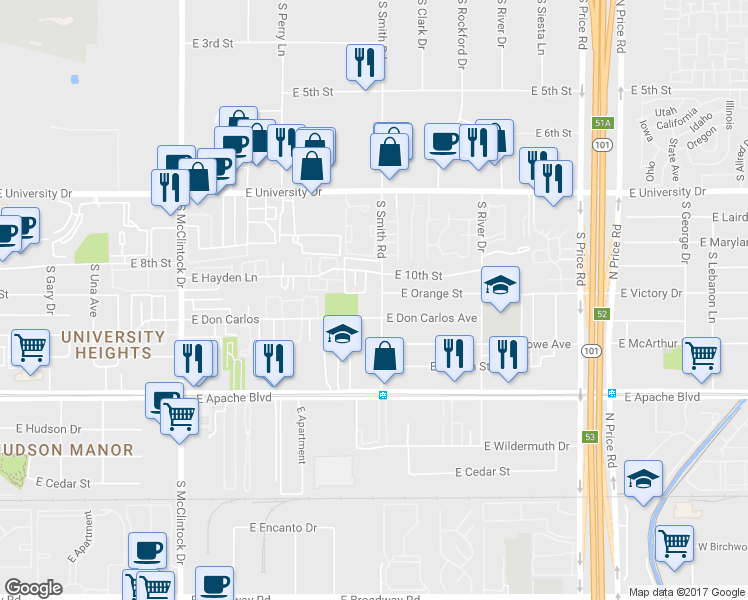 map of restaurants, bars, coffee shops, grocery stores, and more near 920 South Kenwood Circle in Tempe
