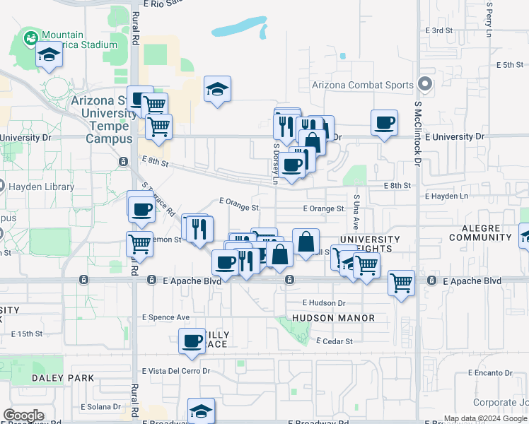 map of restaurants, bars, coffee shops, grocery stores, and more near 912 South Dorsey Lane in Tempe