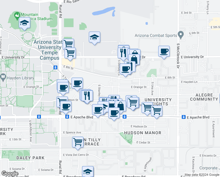 map of restaurants, bars, coffee shops, grocery stores, and more near 1150 East Orange Street in Tempe