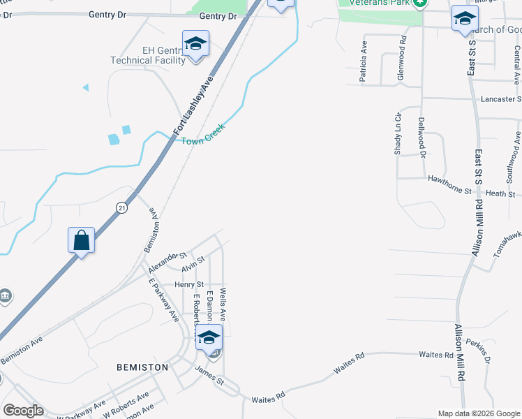 map of restaurants, bars, coffee shops, grocery stores, and more near 402 Alexander Street in Talladega