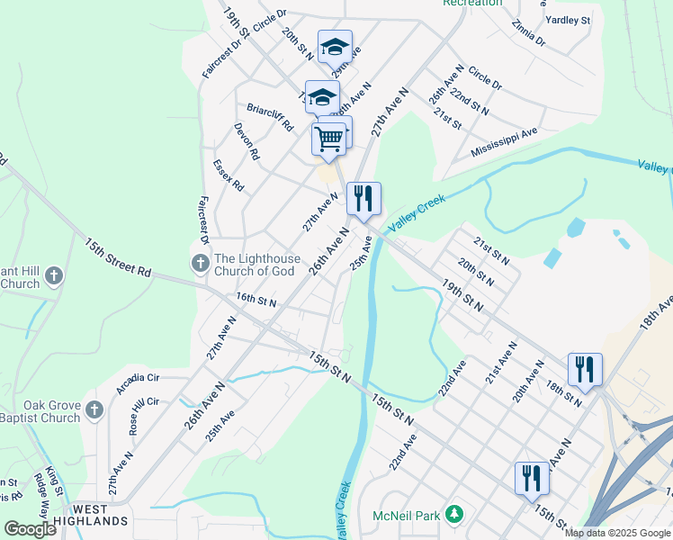 map of restaurants, bars, coffee shops, grocery stores, and more near 1720 25th Avenue in Hueytown