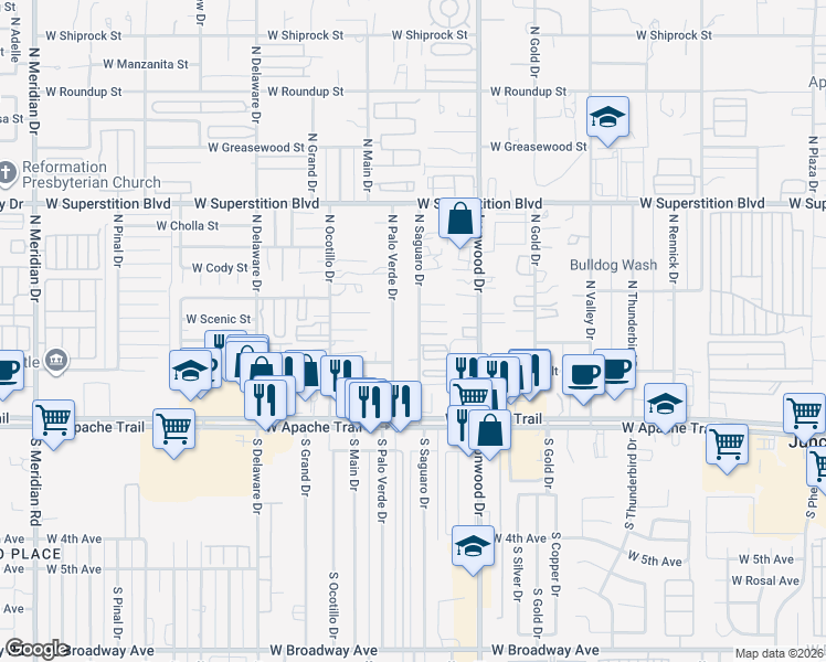 map of restaurants, bars, coffee shops, grocery stores, and more near 330 North Saguaro Drive in Apache Junction