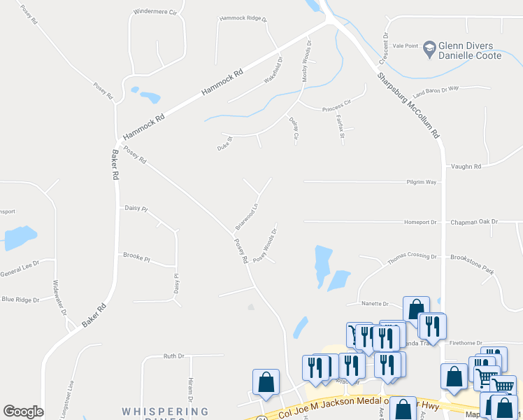 map of restaurants, bars, coffee shops, grocery stores, and more near 25 Briarwood Lane in Newnan