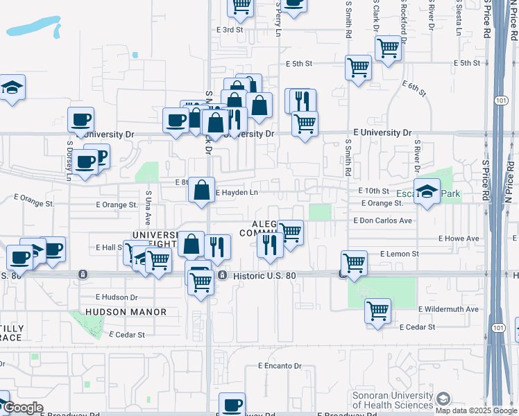map of restaurants, bars, coffee shops, grocery stores, and more near 907 South Craver Place in Tempe