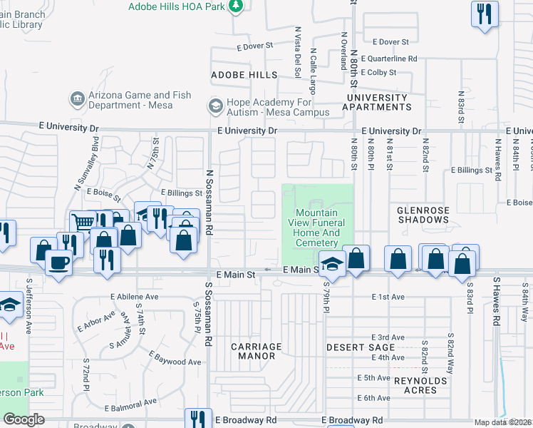 map of restaurants, bars, coffee shops, grocery stores, and more near 7746 East Auburn Street in Mesa
