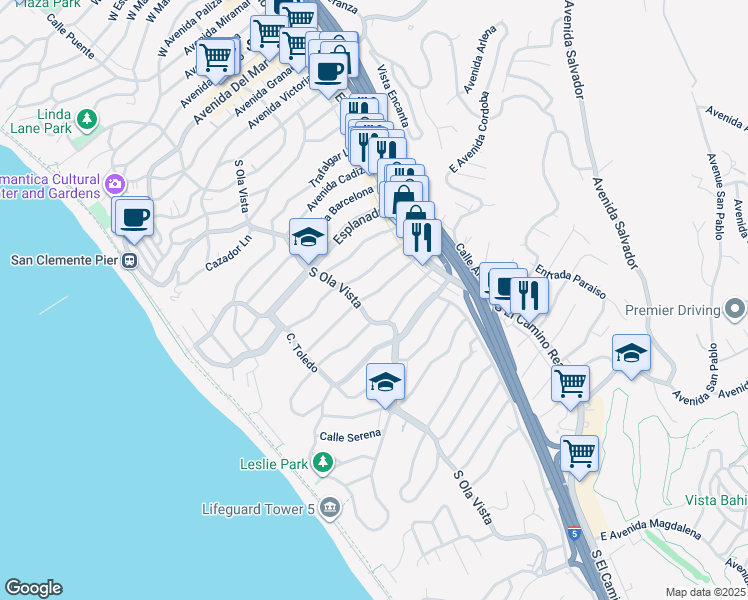 map of restaurants, bars, coffee shops, grocery stores, and more near 131 West Avenida Cordoba in San Clemente