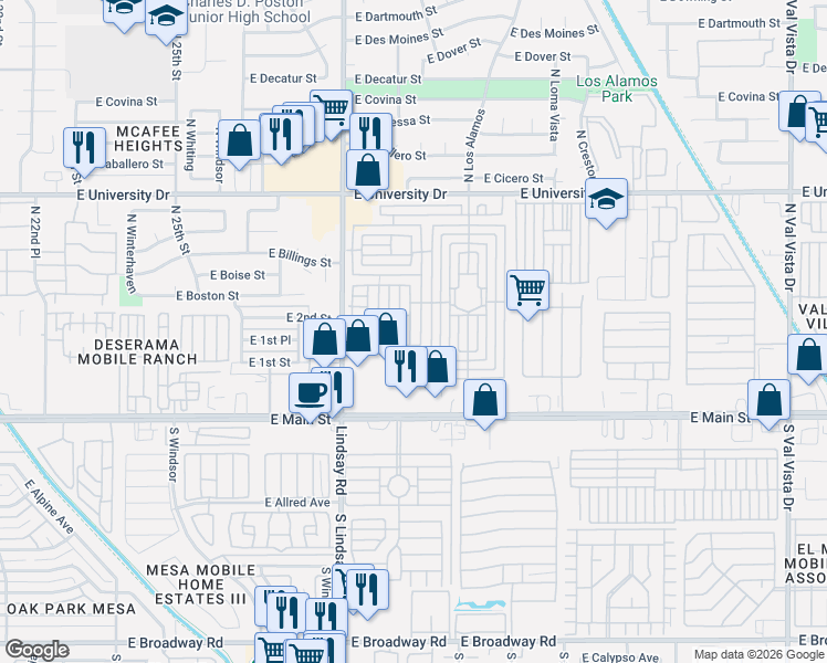map of restaurants, bars, coffee shops, grocery stores, and more near Mobile Home Park in Mesa