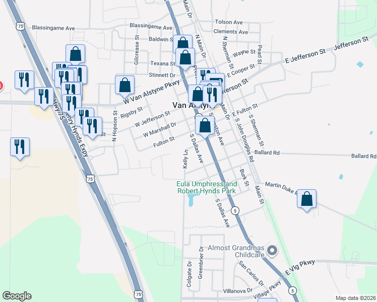 map of restaurants, bars, coffee shops, grocery stores, and more near 394 South Dallas Avenue in Van Alstyne