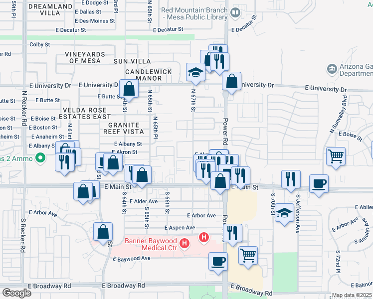 map of restaurants, bars, coffee shops, grocery stores, and more near 124 North 67th Street in Mesa