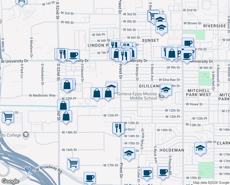map of restaurants, bars, coffee shops, grocery stores, and more near 1000 South Priest Drive in Tempe