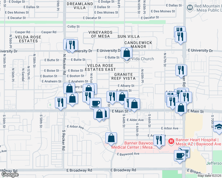 map of restaurants, bars, coffee shops, grocery stores, and more near 6329 East Albany Street in Mesa