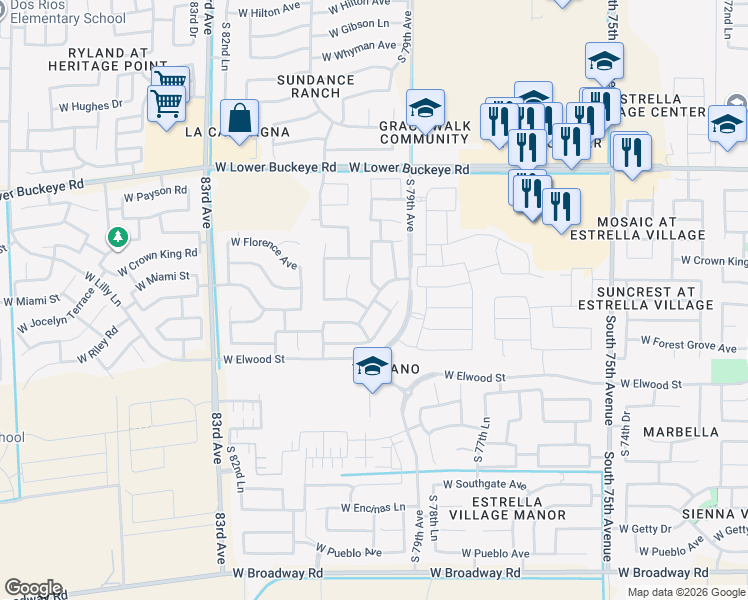 map of restaurants, bars, coffee shops, grocery stores, and more near 3322 S 80th Ave in Phoenix
