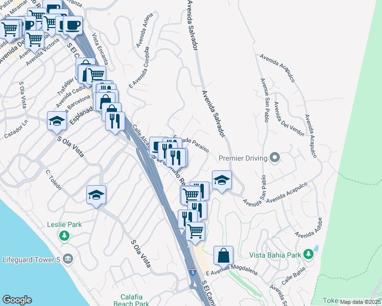 map of restaurants, bars, coffee shops, grocery stores, and more near 125 East Avenida Cornelio in San Clemente