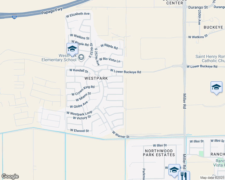 map of restaurants, bars, coffee shops, grocery stores, and more near 25550 West Whyman Street in Buckeye
