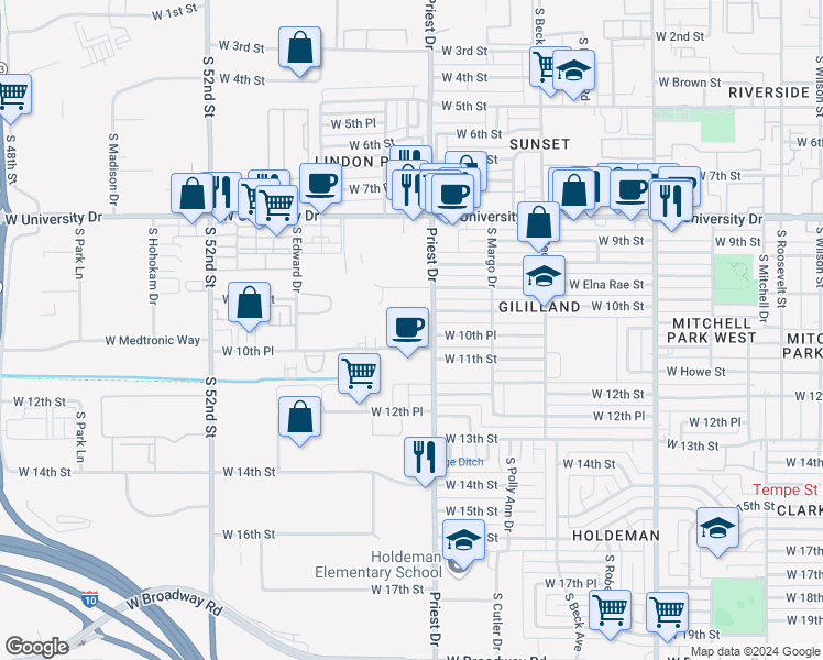 map of restaurants, bars, coffee shops, grocery stores, and more near 1000 South Priest Drive in Tempe