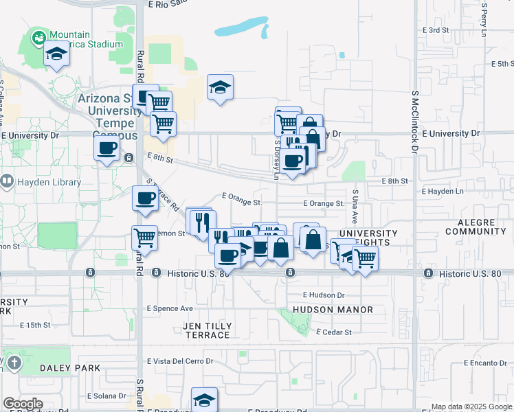 map of restaurants, bars, coffee shops, grocery stores, and more near 1150 East Orange Street in Tempe
