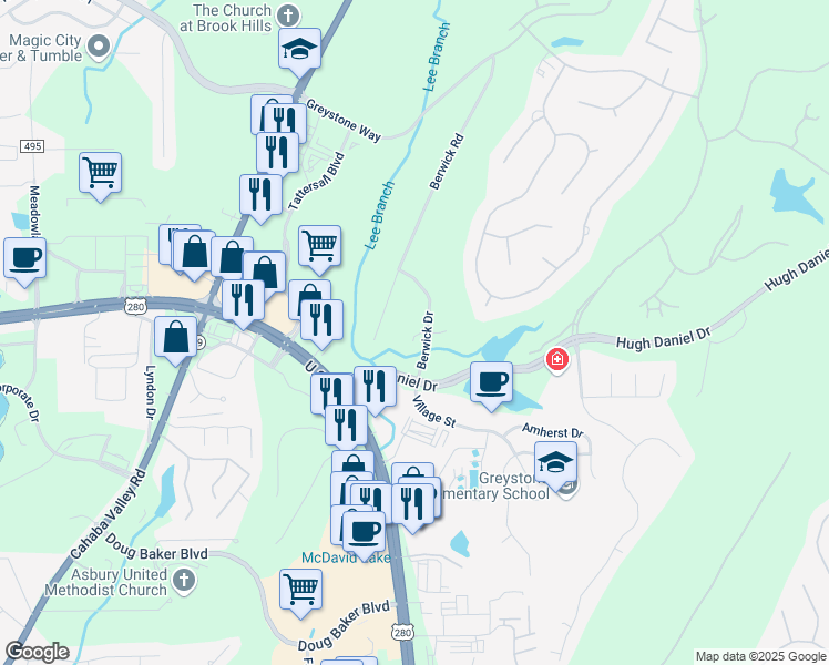 map of restaurants, bars, coffee shops, grocery stores, and more near 1303 Berwick Circle in Birmingham
