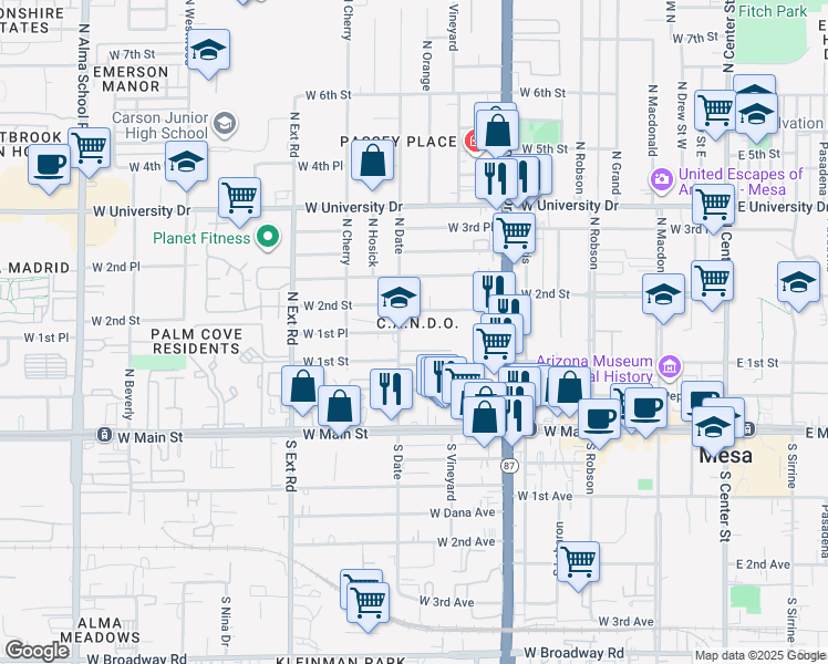 map of restaurants, bars, coffee shops, grocery stores, and more near 141 North Date in Mesa