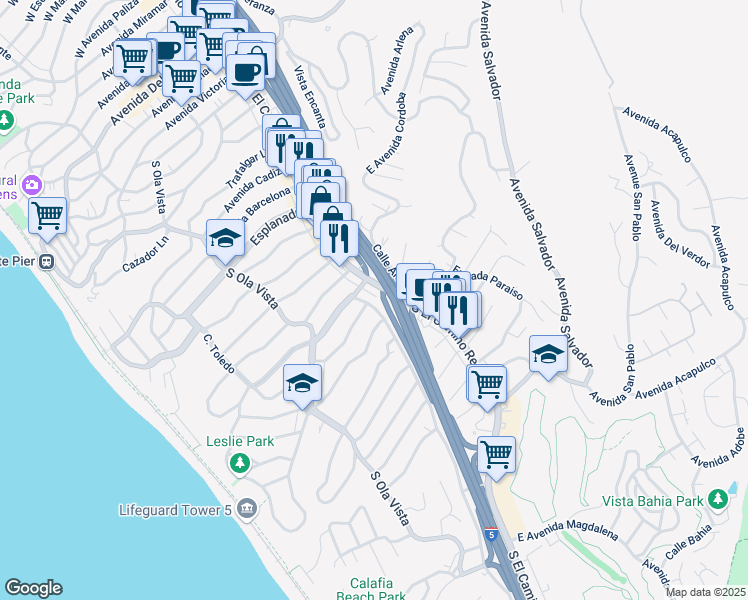 map of restaurants, bars, coffee shops, grocery stores, and more near 105 Avenida Del Presidente in San Clemente