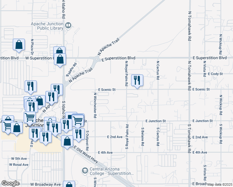 map of restaurants, bars, coffee shops, grocery stores, and more near 669 East Scenic Street in Apache Junction