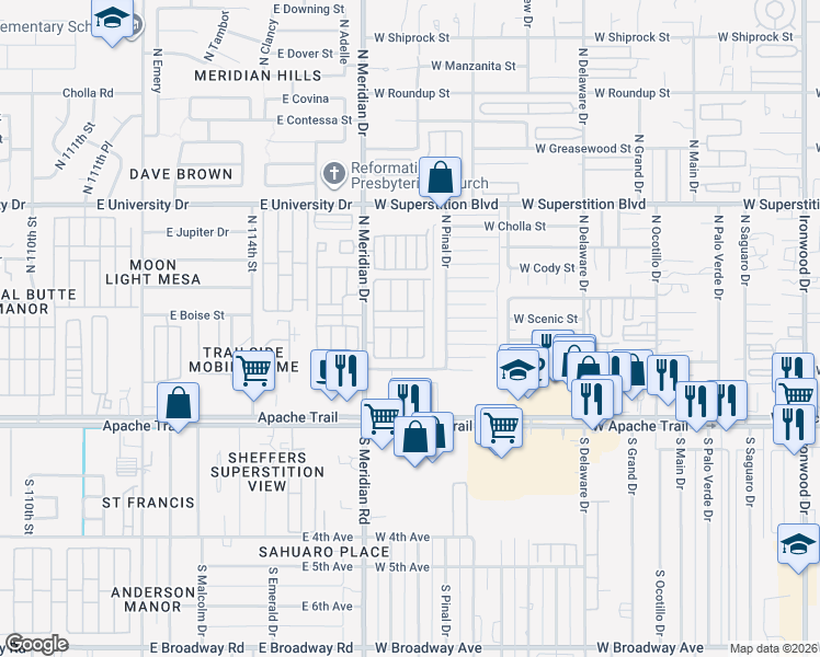map of restaurants, bars, coffee shops, grocery stores, and more near 351 North Meridian Drive in Apache Junction