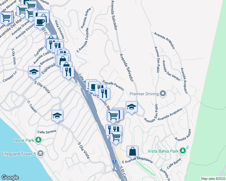 map of restaurants, bars, coffee shops, grocery stores, and more near 125 East Avenida Cornelio in San Clemente