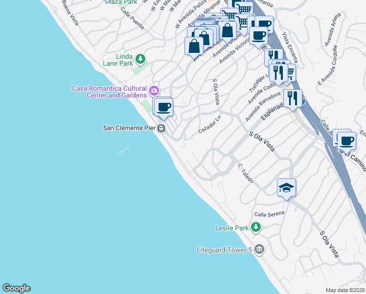 map of restaurants, bars, coffee shops, grocery stores, and more near 408 Pasadena Court in San Clemente