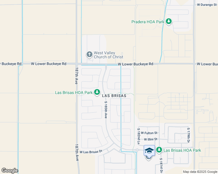 map of restaurants, bars, coffee shops, grocery stores, and more near 18456 West Pioneer Street in Goodyear