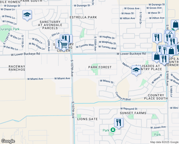 map of restaurants, bars, coffee shops, grocery stores, and more near 10553 West Florence Avenue in Tolleson