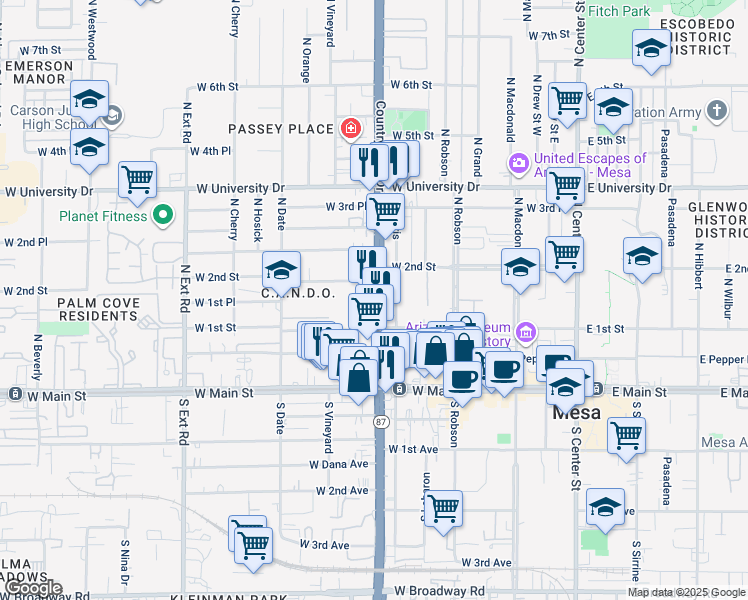 map of restaurants, bars, coffee shops, grocery stores, and more near 140 Arizona 87 in Mesa