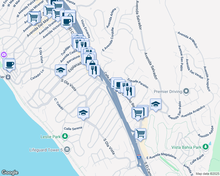 map of restaurants, bars, coffee shops, grocery stores, and more near El Camino Real in San Clemente