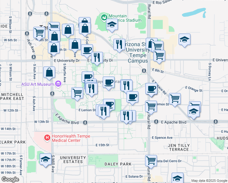 map of restaurants, bars, coffee shops, grocery stores, and more near in Tempe