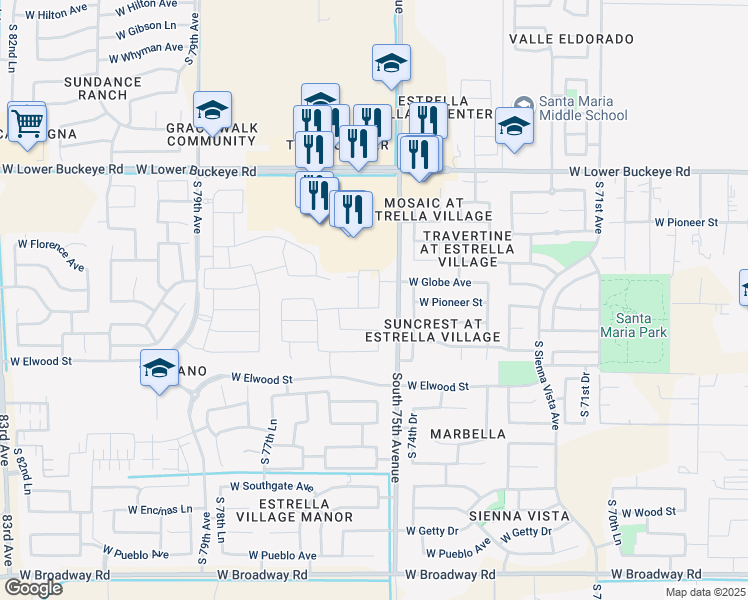 map of restaurants, bars, coffee shops, grocery stores, and more near 3232 South 75th Drive in Phoenix