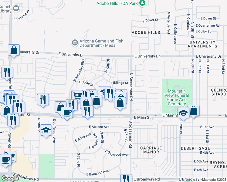 map of restaurants, bars, coffee shops, grocery stores, and more near 205 North 74th Street in Mesa