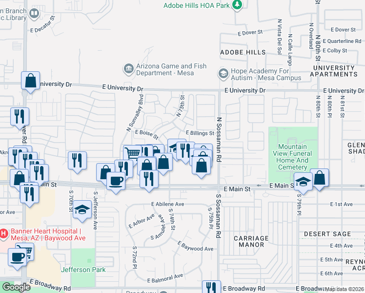 map of restaurants, bars, coffee shops, grocery stores, and more near 205 North 74th Street in Mesa