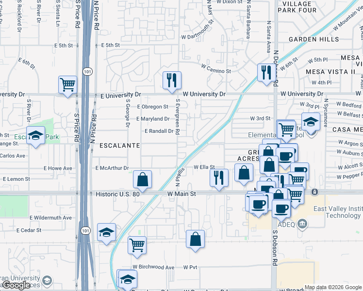 map of restaurants, bars, coffee shops, grocery stores, and more near 2632 East Orange Street in Tempe