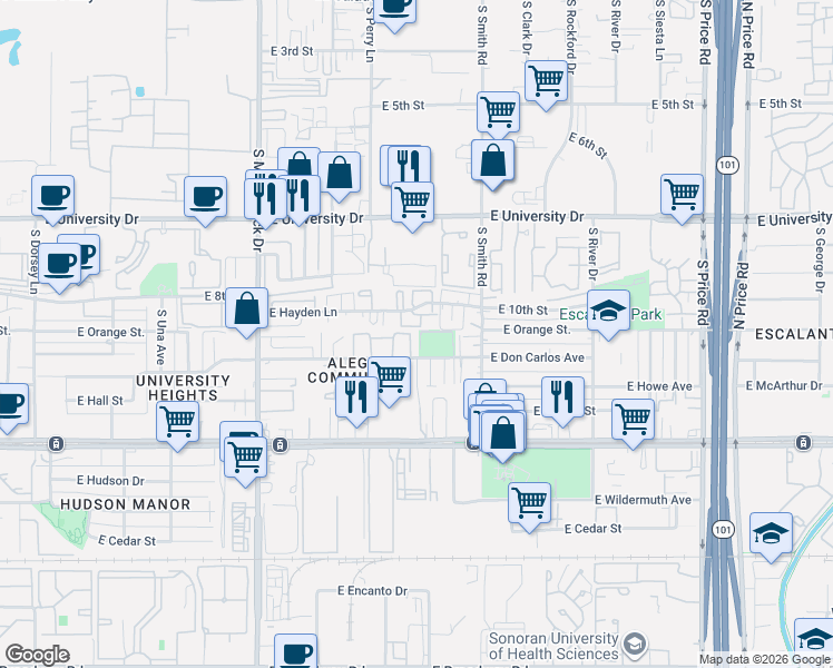 map of restaurants, bars, coffee shops, grocery stores, and more near 1925 East Hayden Lane in Tempe