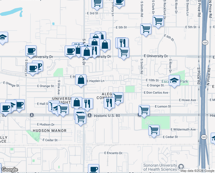 map of restaurants, bars, coffee shops, grocery stores, and more near 907 South Craver Place in Tempe
