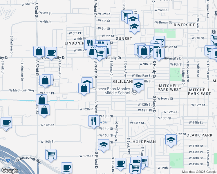 map of restaurants, bars, coffee shops, grocery stores, and more near 1248 West 10th Place in Tempe