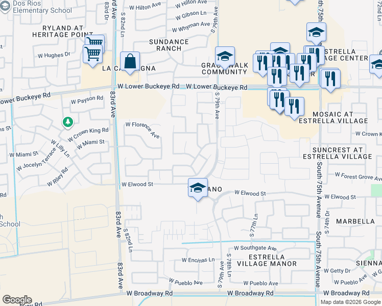 map of restaurants, bars, coffee shops, grocery stores, and more near 3310 South 80th Drive in Phoenix