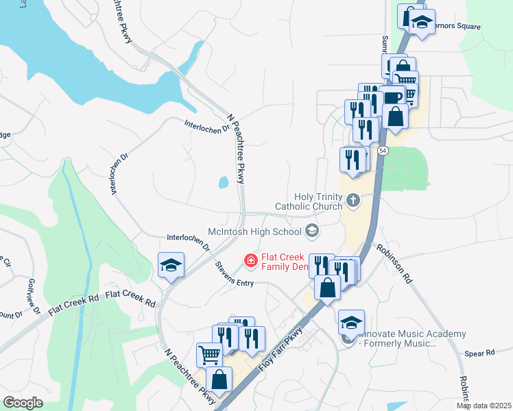 map of restaurants, bars, coffee shops, grocery stores, and more near 400 North Peachtree Parkway in Peachtree City