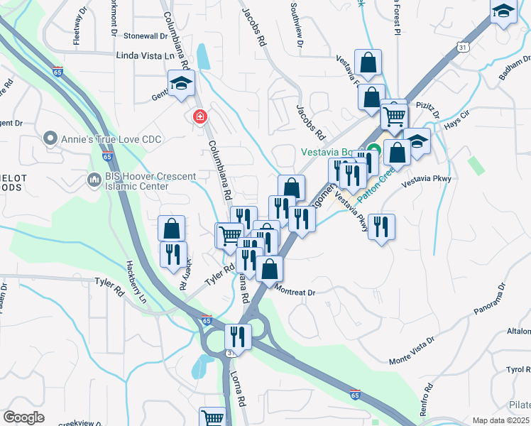 map of restaurants, bars, coffee shops, grocery stores, and more near 1710 Vestawood Court in Vestavia Hills