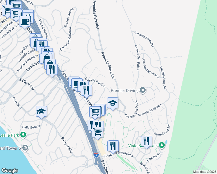 map of restaurants, bars, coffee shops, grocery stores, and more near 2123 Entrada Paraiso in San Clemente