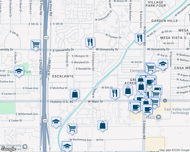 map of restaurants, bars, coffee shops, grocery stores, and more near 2632 East Orange Street in Tempe