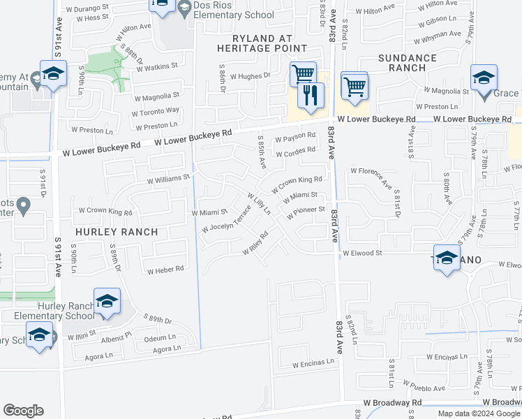 map of restaurants, bars, coffee shops, grocery stores, and more near 8502 West Pioneer Street in Tolleson