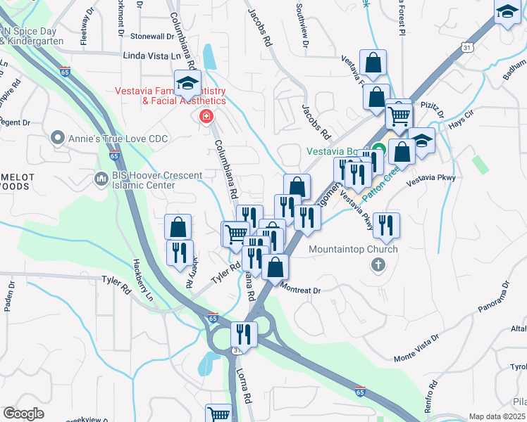 map of restaurants, bars, coffee shops, grocery stores, and more near 1710 Vestawood Court in Vestavia Hills