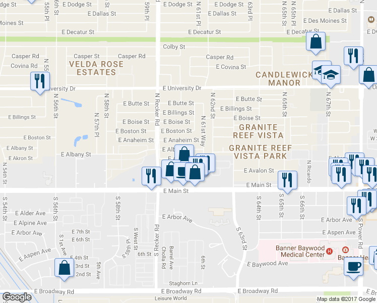 map of restaurants, bars, coffee shops, grocery stores, and more near 6115 East Albany Street in Mesa