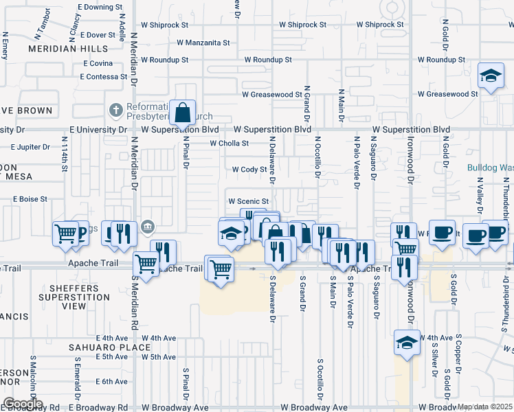 map of restaurants, bars, coffee shops, grocery stores, and more near 2493 West Scenic Street in Apache Junction
